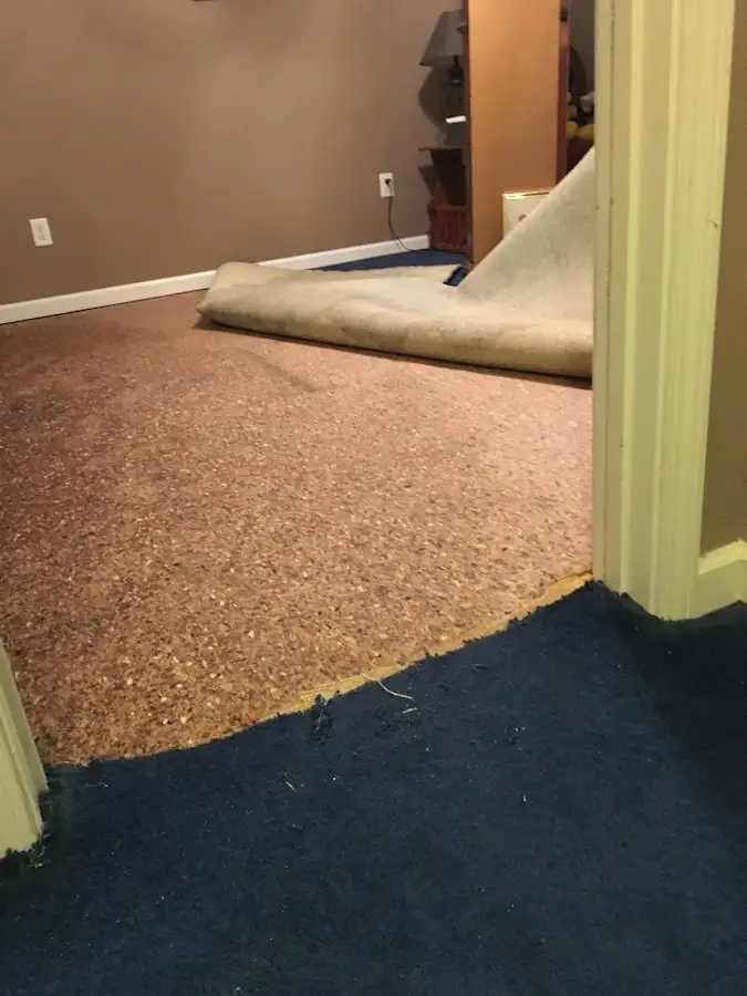 Carpet pad removal revealing water damage during Drying & Dehumidification in Menomonie